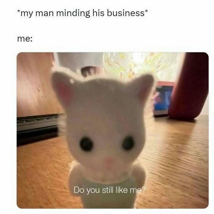 Relatable memes featuring a cute toy cat with caption Do you still like me for avoiding responsibilities.