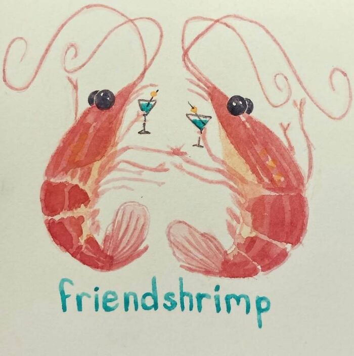 Watercolor illustration of two shrimp clinking cocktail glasses with the word friendshrimp, a relatable meme concept.