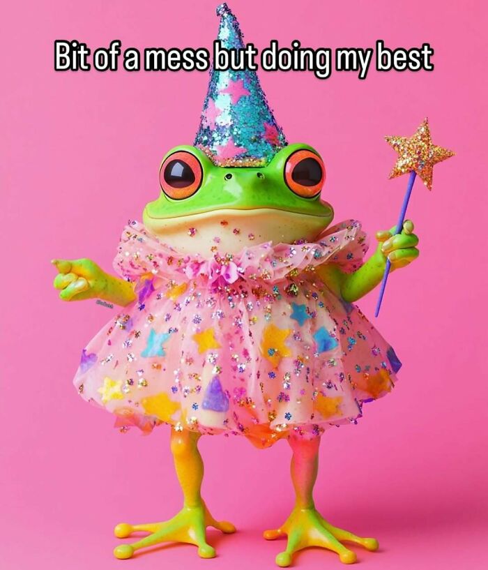 Green frog wearing a glittery dress and party hat holding a wand, a relatable meme for avoiding responsibilities humorously.