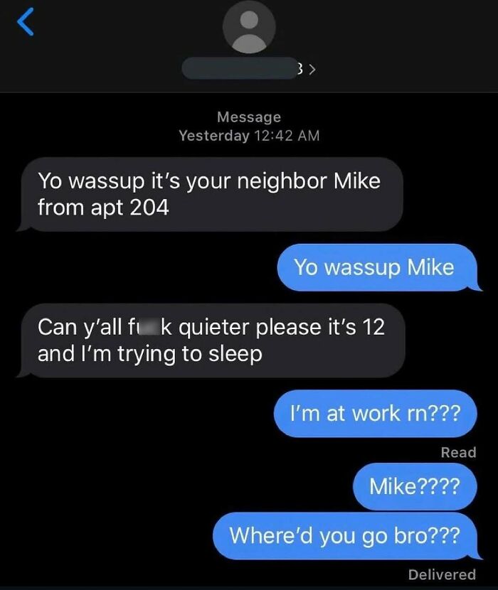 Text message exchange showing a neighbor asking to be quieter, with cringey and awkward responses.