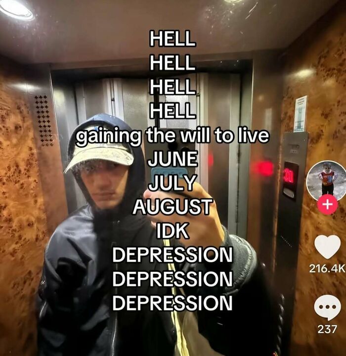 Person in a hoodie taking a selfie in an elevator with relatable memes about depression and gaining the will to live.
