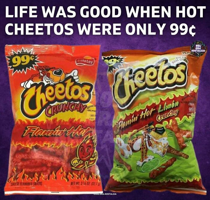 Nostalgic ’90s posts featuring classic Hot Cheetos packaging from the era with vintage snack prices and designs.