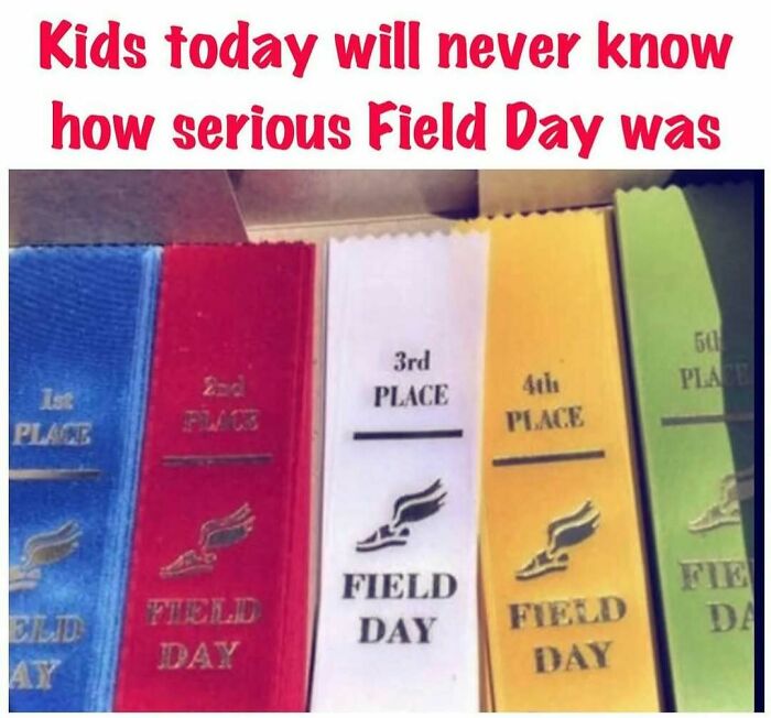 Field Day ribbons in various colors highlighting the competitive spirit of the good old 80s childhood moments.