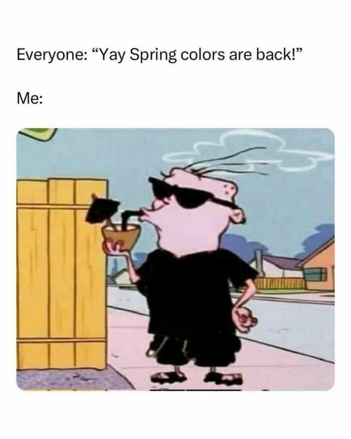 Cartoon character in black sunglasses and clothes sipping from a cup, representing nostalgia 4 millennials memes about past decades.