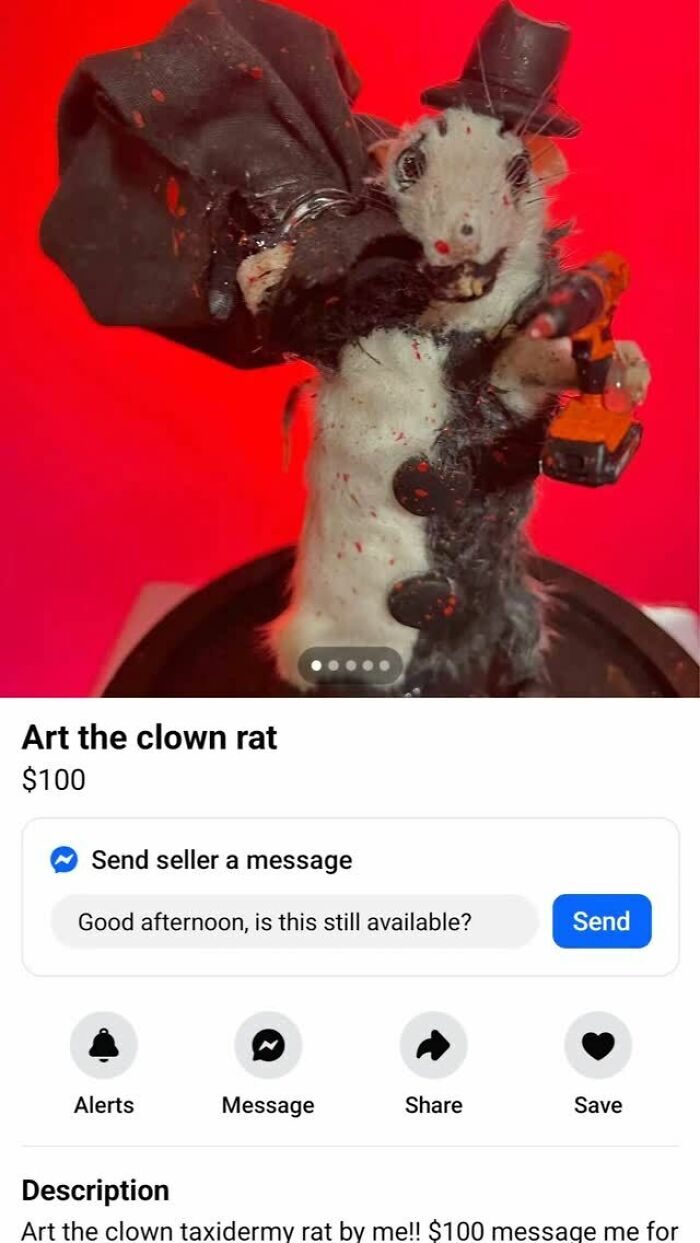 Taxidermy clown rat holding a tool listed on Facebook Marketplace, illustrating how wild Facebook Marketplace is.