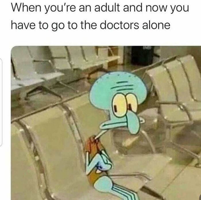 Cartoon character Squidward sitting alone in a waiting room, reflecting nostalgia memes about adult life and the ‘80s, ‘90s, and ‘00s.