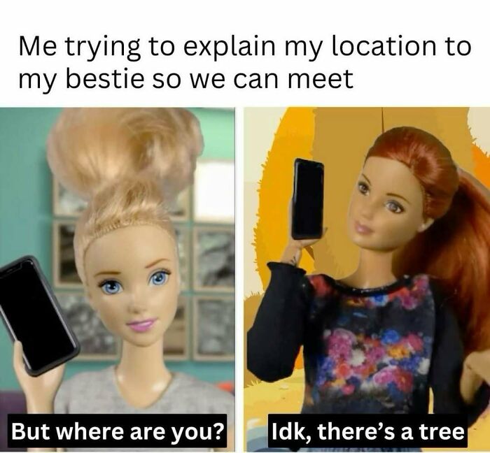 Two dolls holding phones with captions about explaining location, relatable memes for days avoiding responsibilities humor.