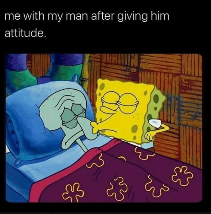 SpongeBob giving attitude to Squidward in bed, a relatable meme for avoiding responsibilities like a pro.