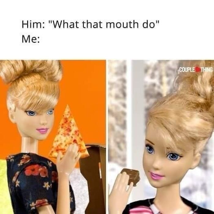 Blonde doll holding a slice of pizza and a chocolate bar, relatable meme illustrating avoiding responsibilities humor.