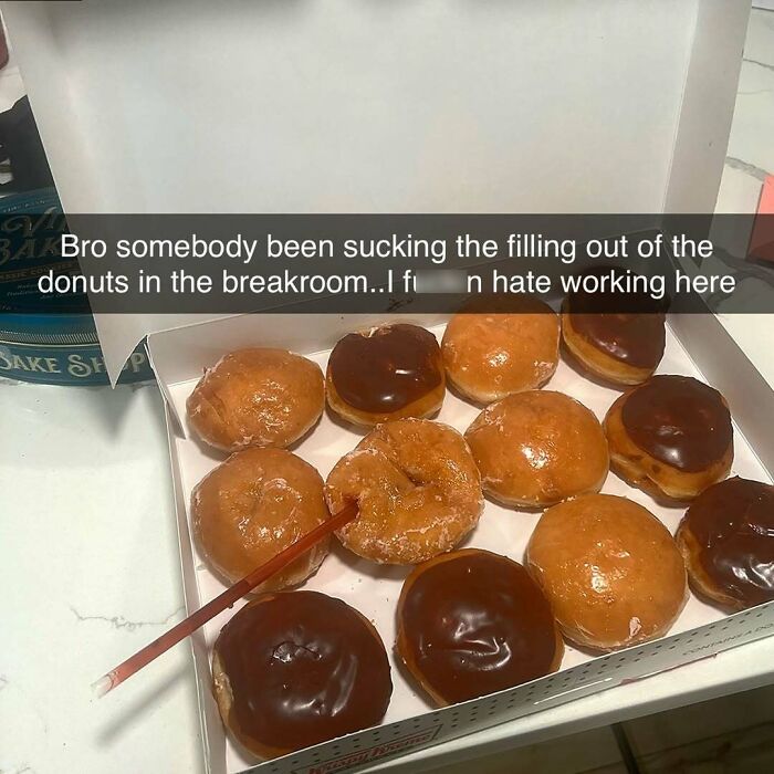 Box of donuts with some having filling sucked out, humorously captioned as a funny and relatable meme from an Instagram account.