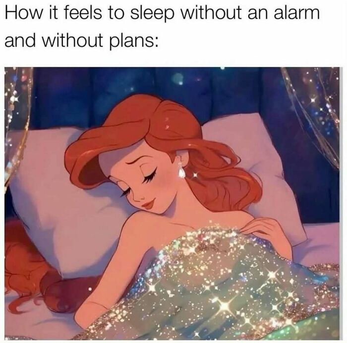 A cartoon woman peacefully sleeping without an alarm or plans, illustrating memes for days about avoiding responsibilities.