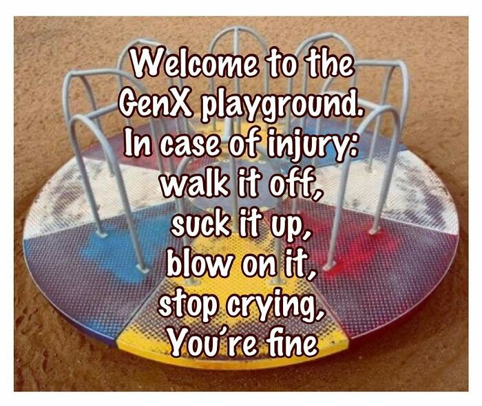 Playground merry-go-round with nostalgic text celebrating the good old 80s and GenX childhood memories.