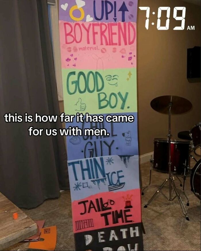 Colorful handwritten signs with phrases, shared on Instagram account featuring cringey pictures and awkward humor.