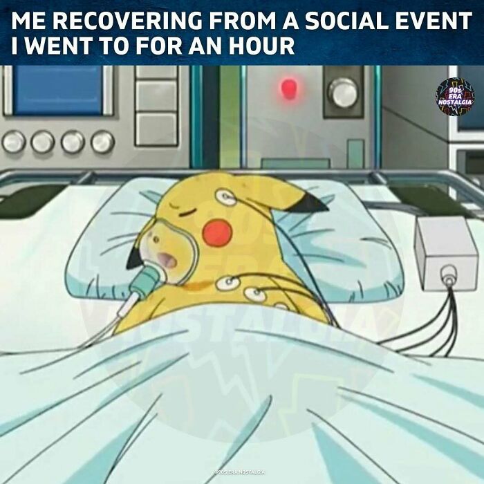 Pikachu in a hospital bed recovering with oxygen mask, nostalgic 90s meme reflecting social event exhaustion.