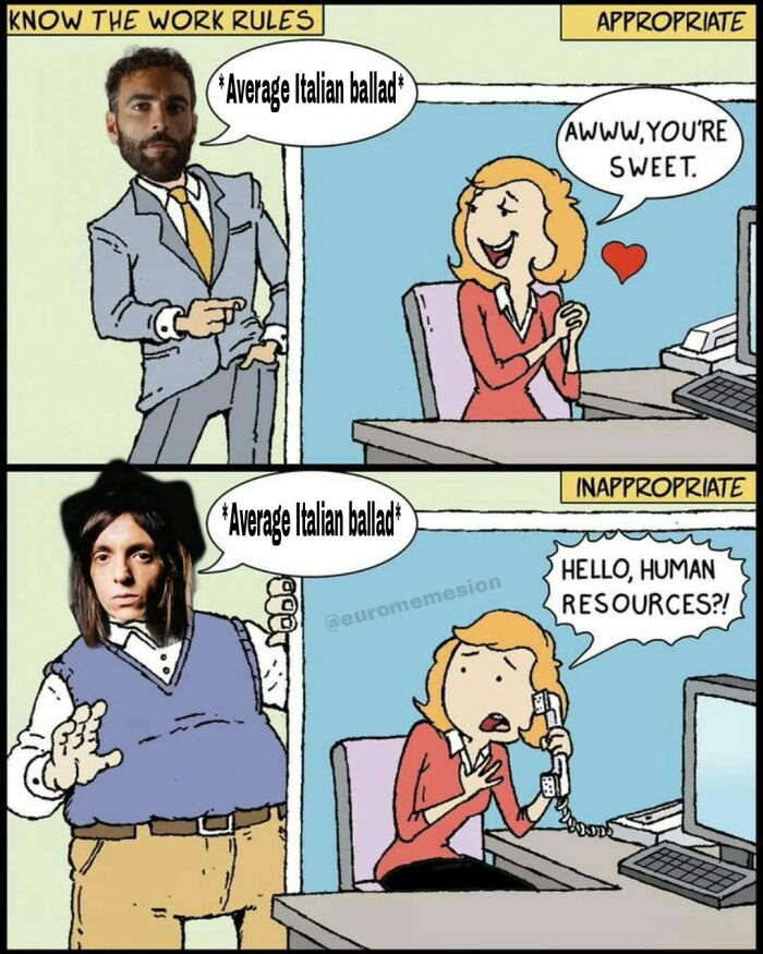Meme comparing appropriate and inappropriate reactions to average Italian ballads in 2025 Eurovision Song Contest.