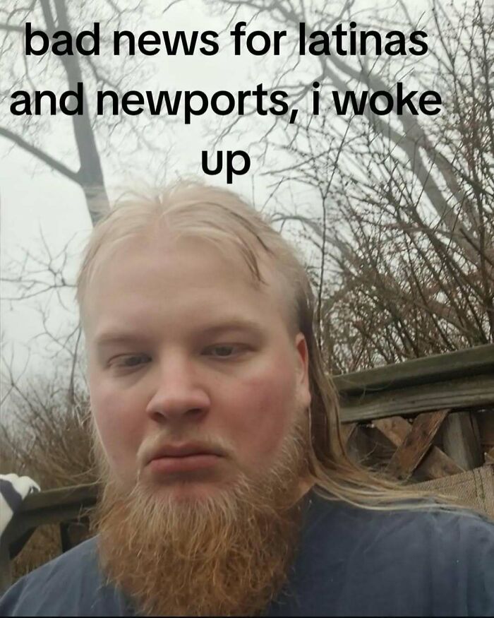 Man with a mullet and beard outdoors, with text about waking up, featured on a cringey pictures Instagram account.