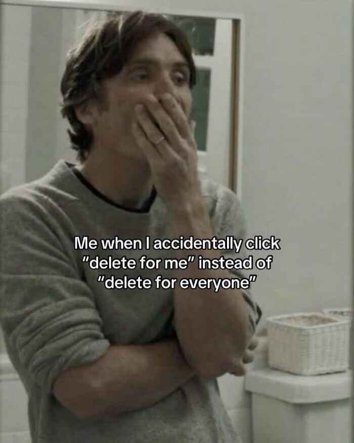 Man covering mouth in shock with relatable meme text about deleting messages on a spicy memes Instagram page.