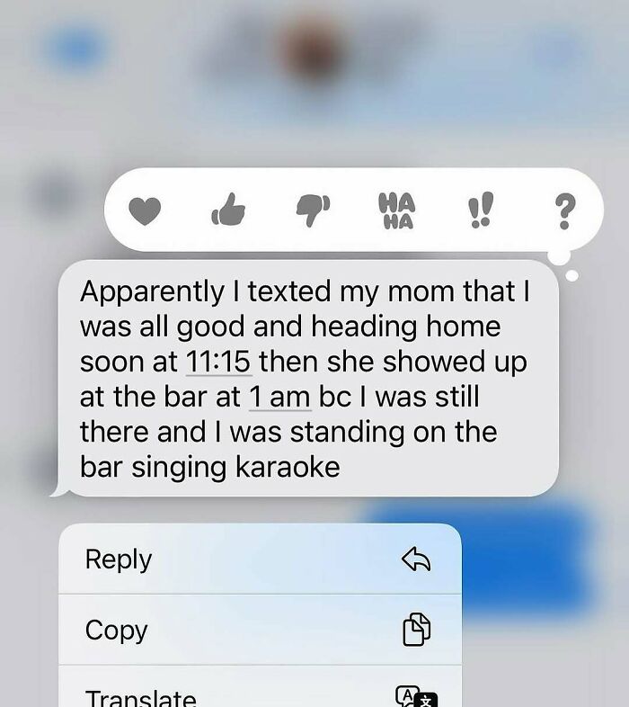 Text message showing a cringey story about texting mom and still singing karaoke at the bar past midnight.