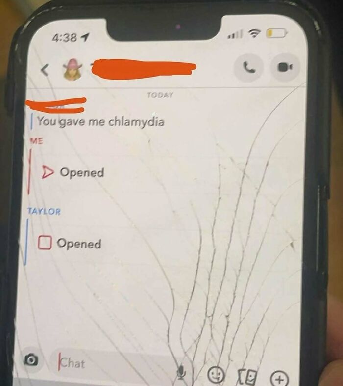 Snapchat conversation on a c*****d phone screen showing a cringey message about chlamydia.