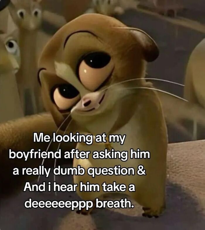 Animated character with a sly smile captioned with a relatable meme about asking a dumb question and hearing a deep breath.