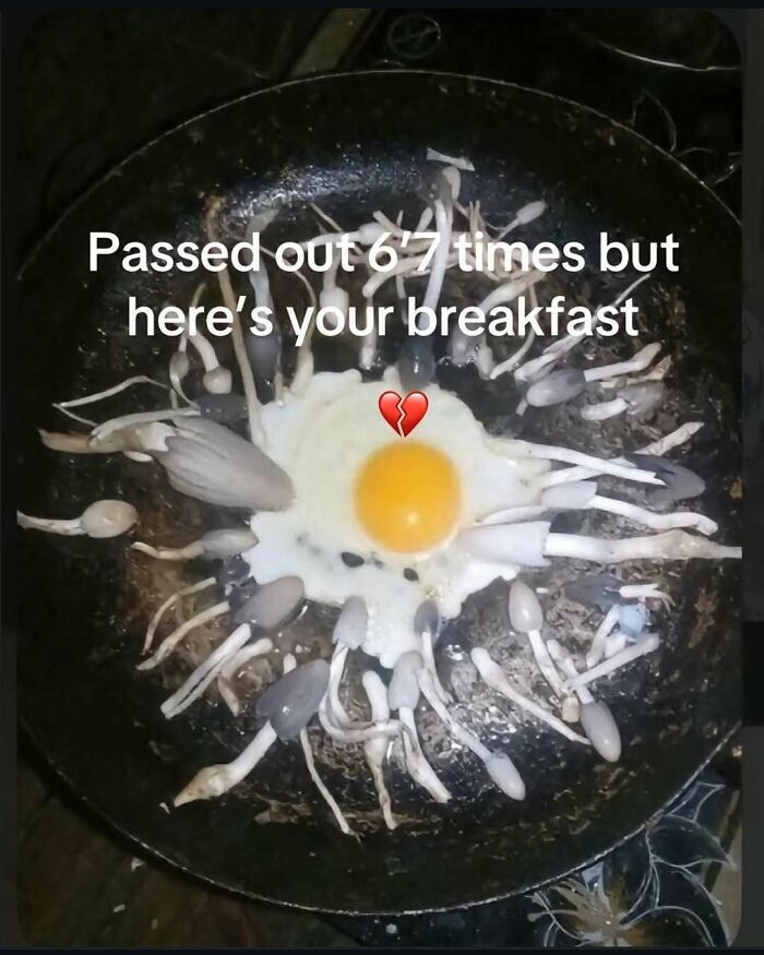Fried egg surrounded by mushrooms in a pan, illustrating cringey and unusual breakfast photo from Instagram account.