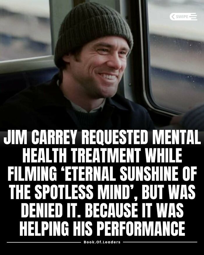 Jim Carrey smiling wearing a beanie, accompanied by mental health treatment facts and stories that teach something new.