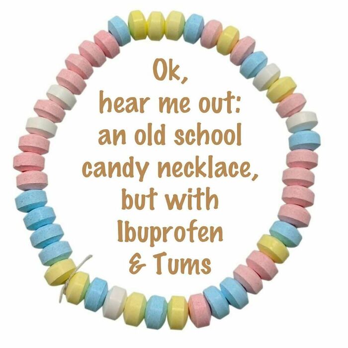 Old school candy necklace with pastel colors, referencing nostalgic 80s style in a playful design.