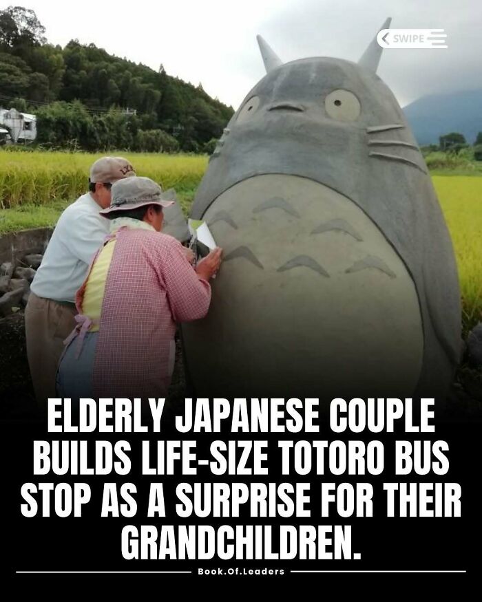 Elderly Japanese couple building life-size Totoro bus stop in a rural area, showcasing unique stories and facts.