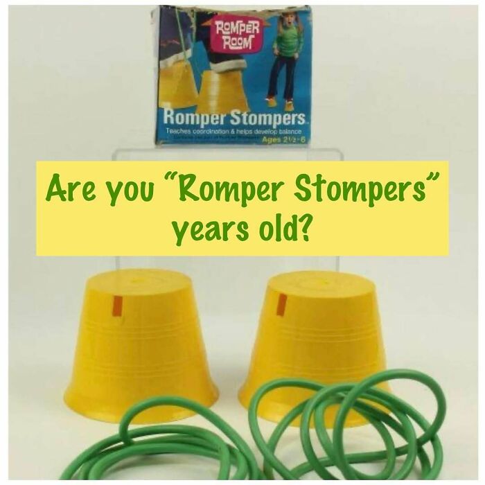 Yellow Romper Stompers toy with green rings, nostalgic 80s children’s game featured in a retro celebration post.