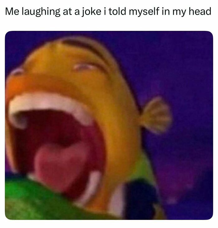 Animated fish with wide open mouth laughing at a joke in its head, relatable silly spicy memes on Instagram page.
