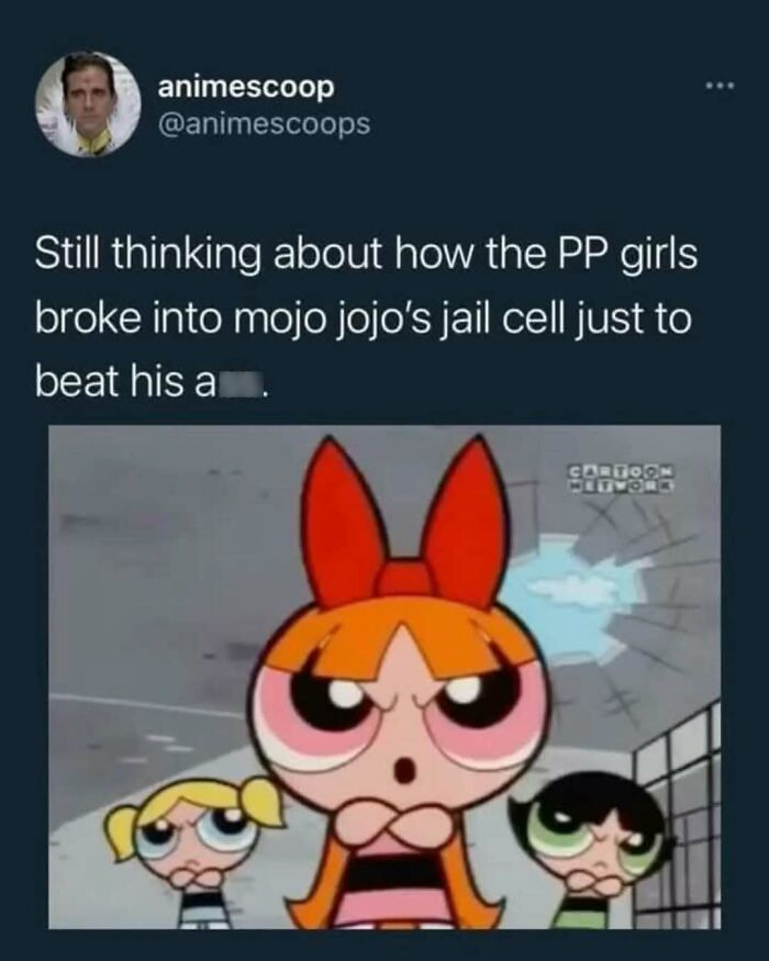 Meme featuring Powerpuff Girls breaking into Mojo Jojo’s jail cell, highlighting nostalgia for millennials and 90s cartoons.