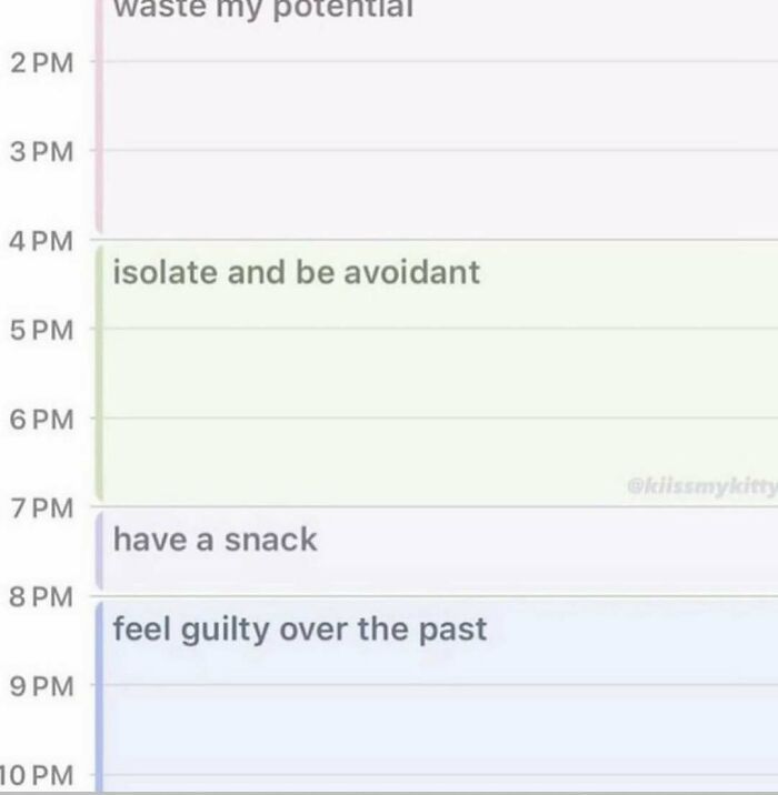 Daily schedule meme showing times for isolating, snacking, and feeling guilty, illustrating relatable memes content.