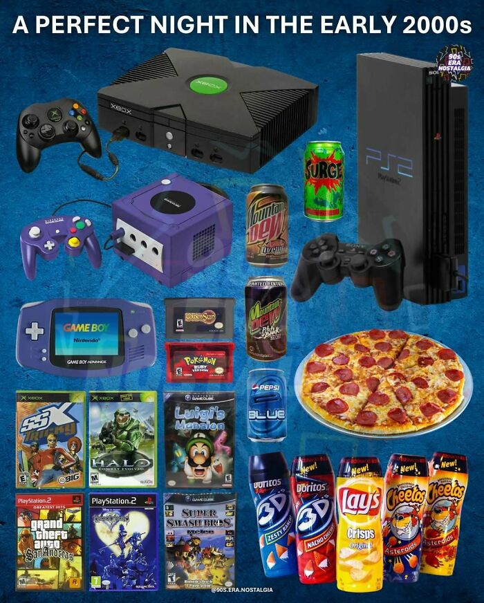 Early 2000s nostalgic ’90s gaming consoles, snacks, and drinks for a perfect retro night in.