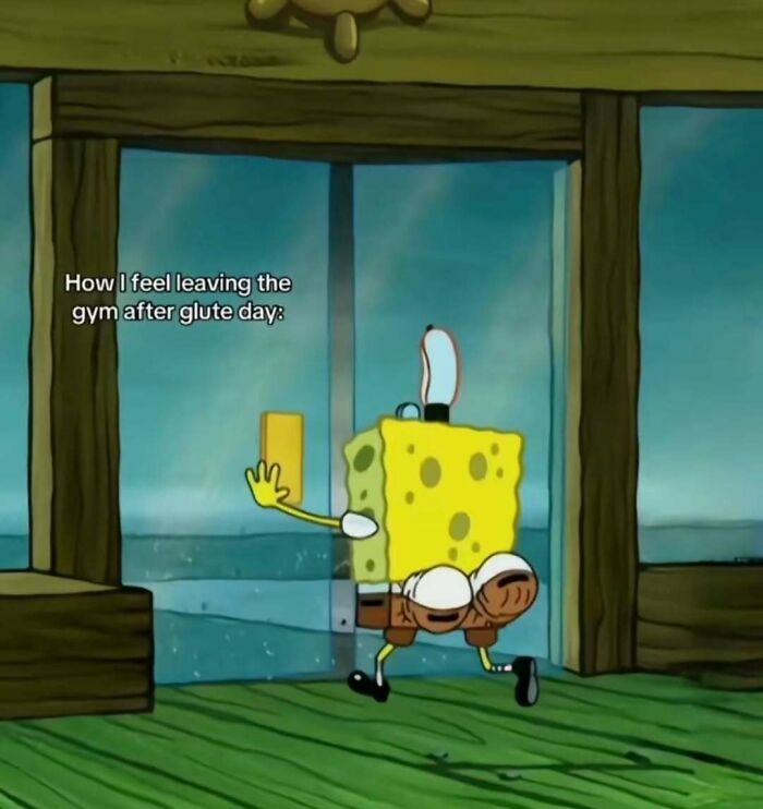 SpongeBob meme showing relatable humor about gym struggles and avoiding responsibilities with funny day-to-day moments.