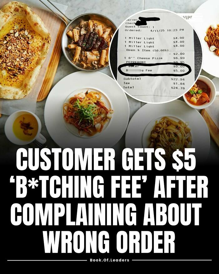 Receipt showing a $5 fee for complaining, surrounded by various dishes, illustrating stories and facts you might not know.