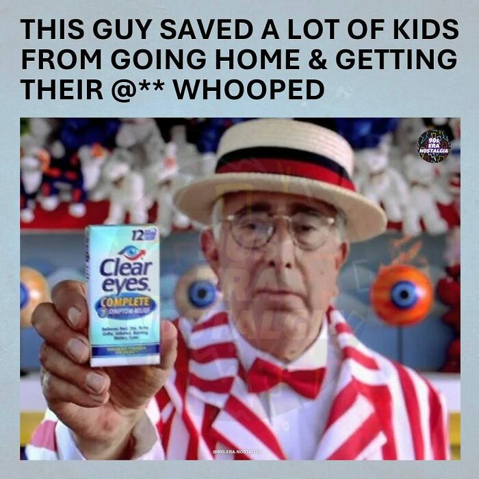 Man in vintage striped suit holding Clear Eyes eye drops, a nostalgic ’90s meme about kids avoiding trouble at home.