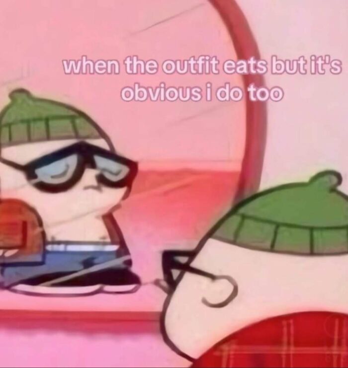 Cartoon character wearing glasses and a green beanie looking in mirror with relatable memes for days humor about outfits.