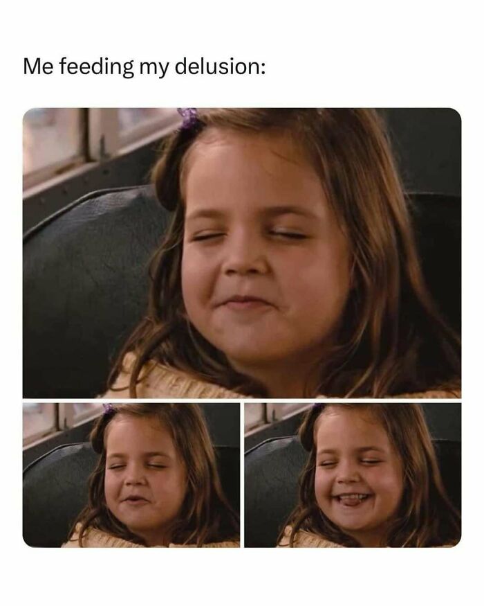 Young girl with eyes closed smiling in a meme about millennial mind reflecting relatable emotions and humor.