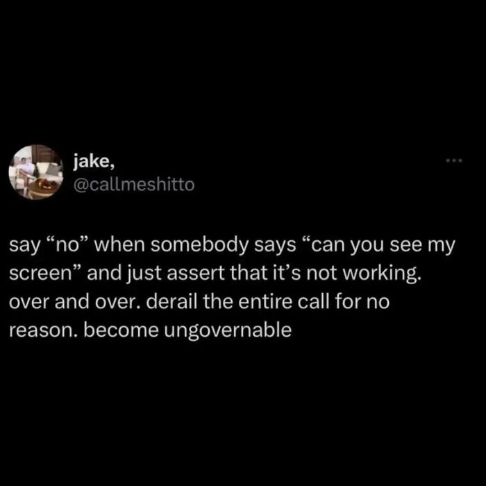 Screenshot of a random meme suggesting to say no when asked to see a screen and derail the call for no reason.