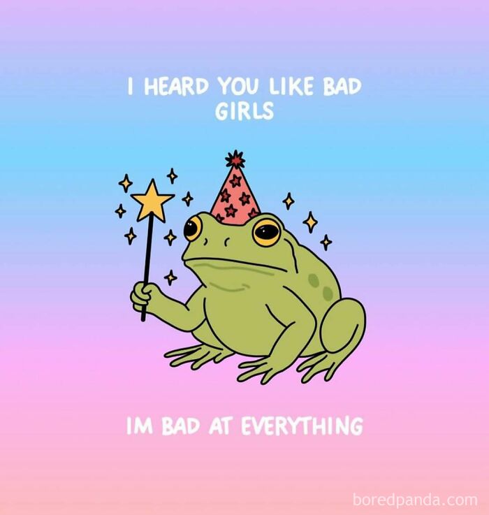Funny relatable meme featuring a cartoon frog with a party hat and magic wand about being bad at everything.
