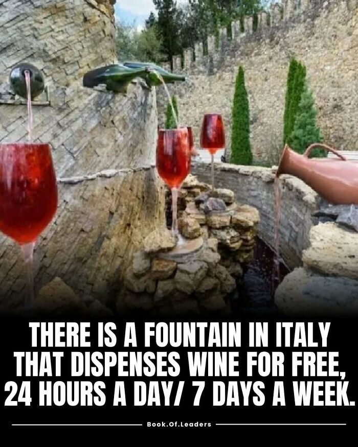 Stone fountain in Italy dispensing free wine continuously, a unique fact that might teach you something new and interesting.