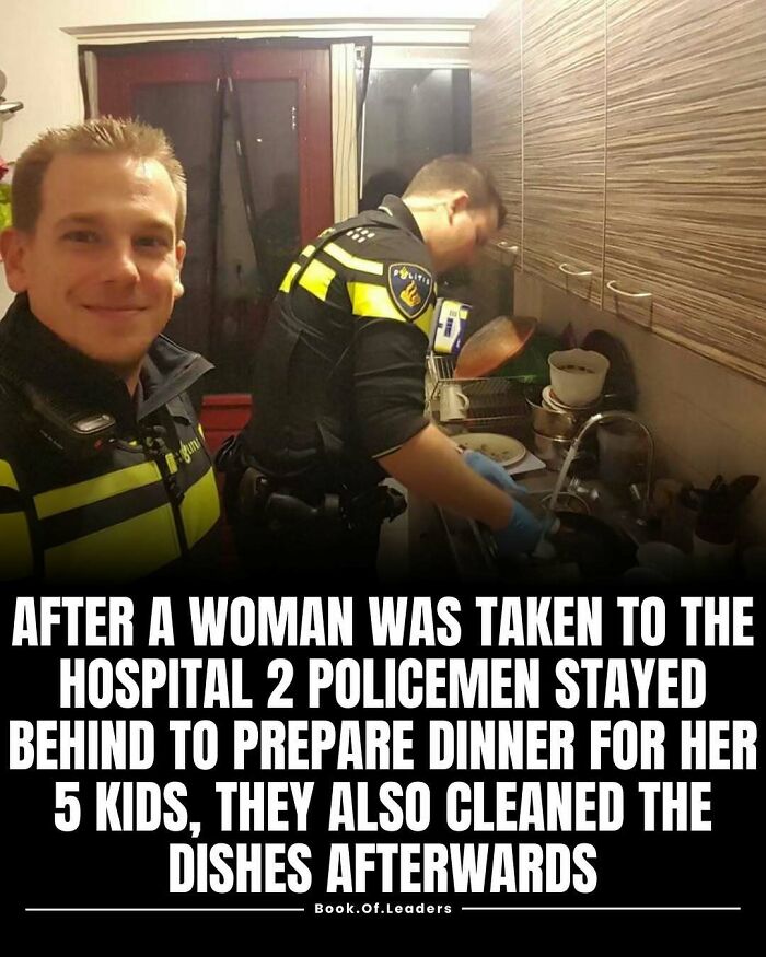 Two policemen preparing dinner and cleaning dishes, showing stories and facts that might teach you something new.