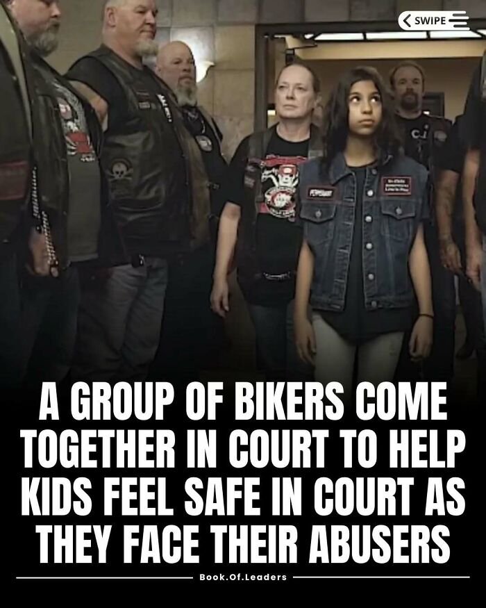 A group of bikers supporting kids in court to help them feel safe when facing their abusers and learning important facts.