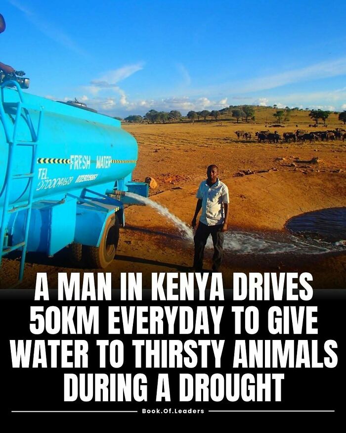 Man in Kenya delivering water to thirsty animals during drought, showcasing inspiring stories and facts that teach important lessons.