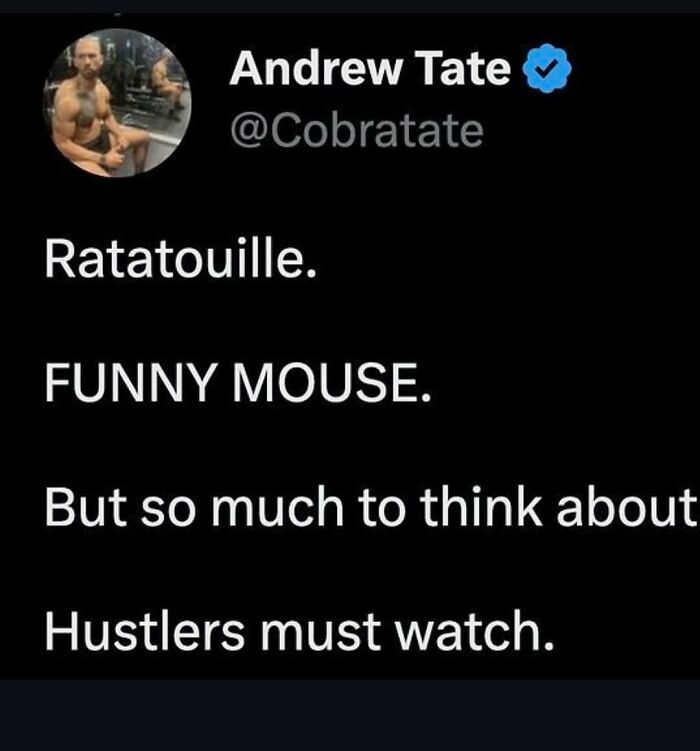 Screenshot of a cringey Instagram post by Andrew Tate referencing Ratatouille and hustlers, shared on a cringe pictures account.