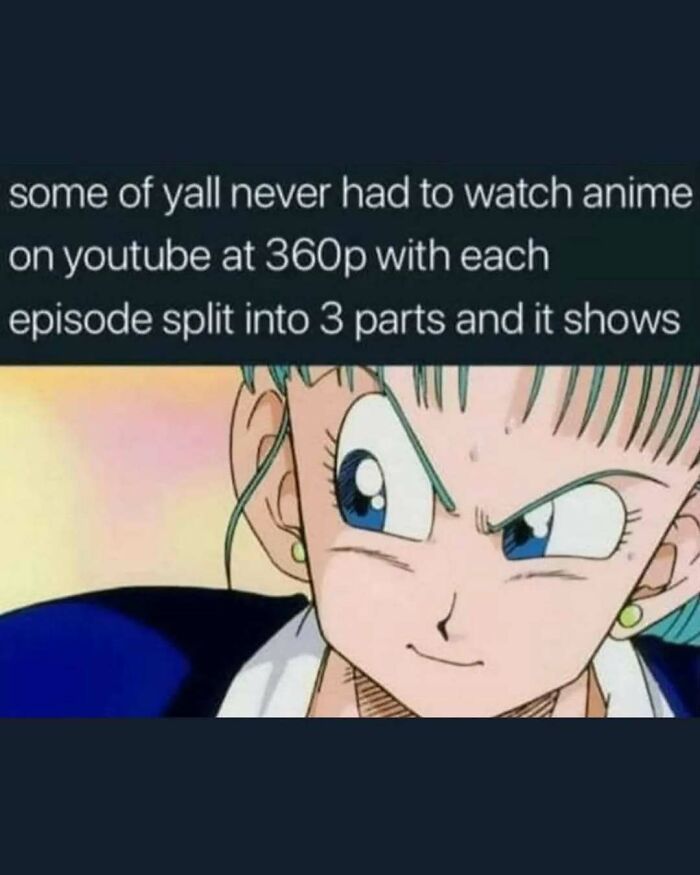 Anime meme about watching low-quality episodes split into parts, reflecting nostalgia for millennials' 80s, 90s, and 00s life.