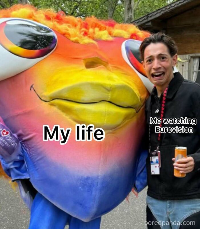 Person looking shocked next to large colorful bird costume labeled My life, related to Eurovision Song Contest memes.