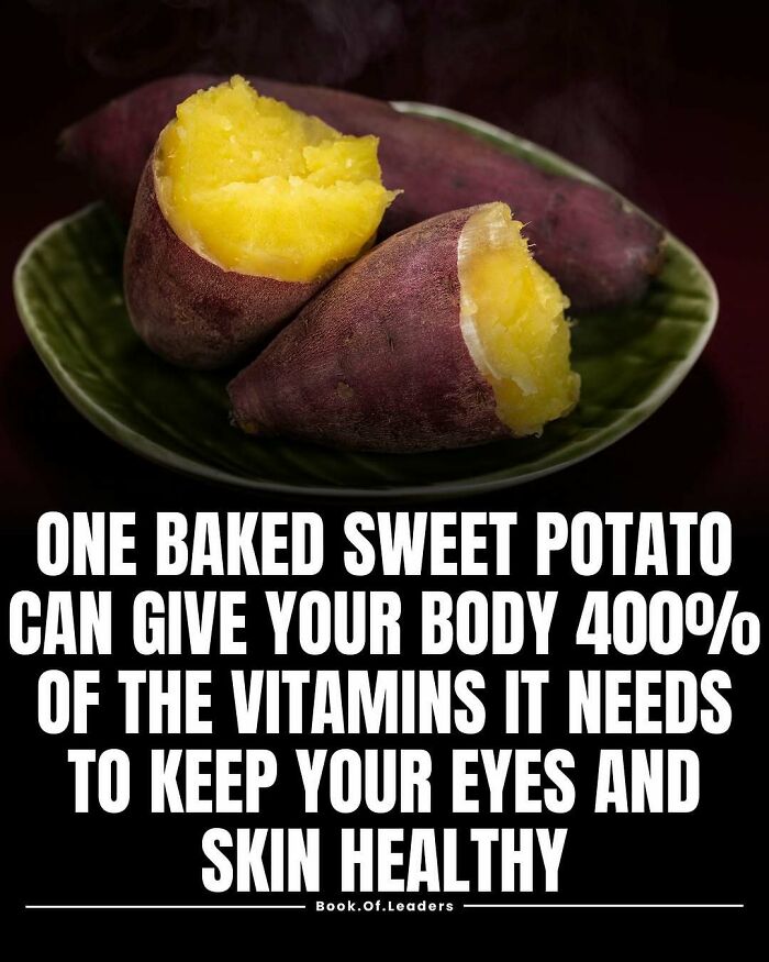 Baked sweet potato on a plate highlighting stories and facts about vitamins for healthy eyes and skin.