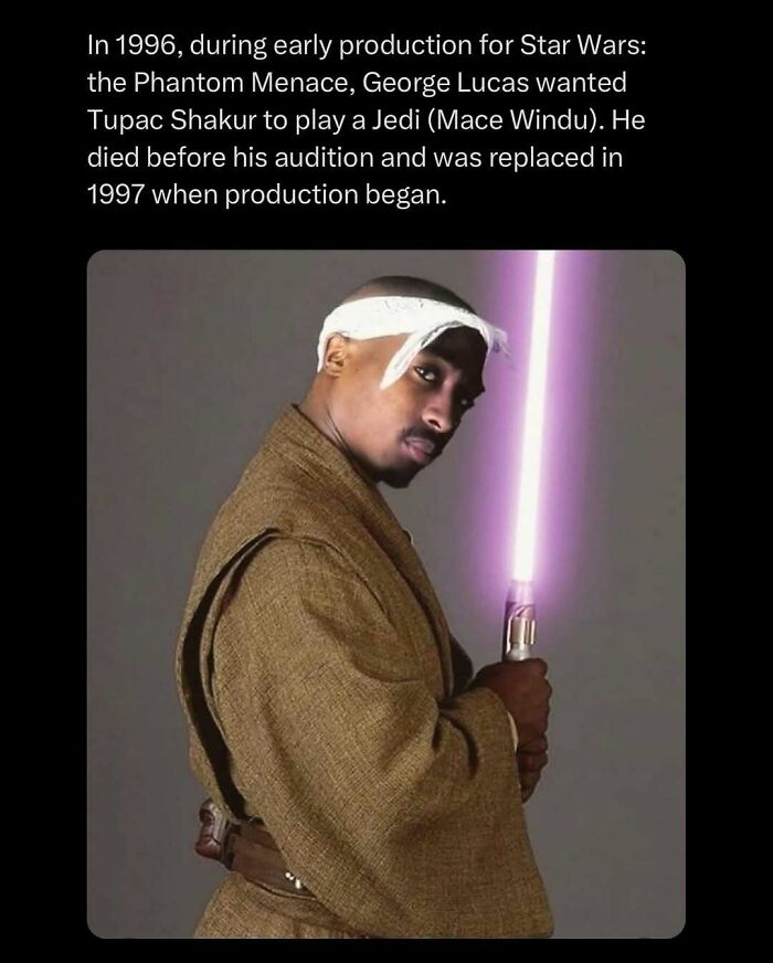 Tupac Shakur imagined as a Jedi with a lightsaber, linked to nostalgic ’90s posts and memes about time travel.