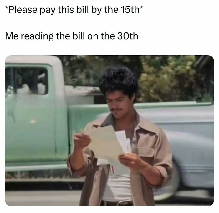 Man reading a bill late, representing nostalgia and life memes from the 80s 90s and 00s for millennials.